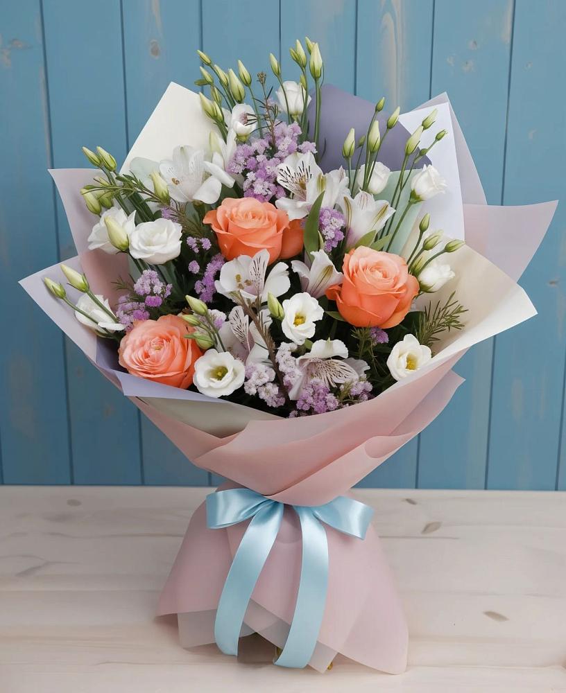 Букет цветов из: Лизиантусы, Розы, Альстромерии и Гипсофила в Хохряки